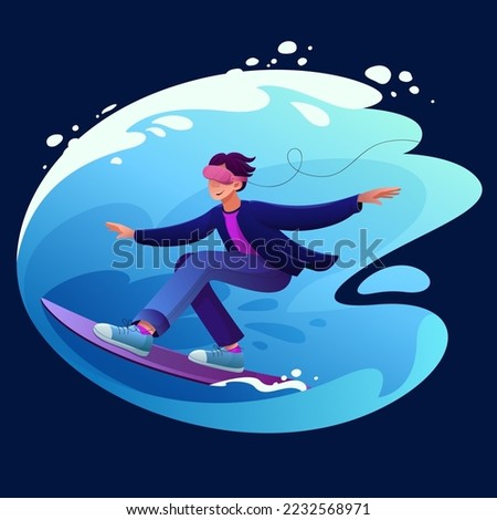 The guy in vr glasses is surfing. Concept of digital space and metaverse. Wave on the background. Vector illustration on the theme of digital innovation in a modern cartoon style.