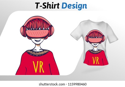 Guy in VR headset having a good time, t-shirt print. Colorful mock up t-shirt design template. Vector template, isolated on white background.