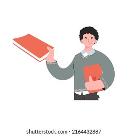 Der Typ ist mit einem Buch in der Taille tief. Einzeln. Element für Präsentationen, Seiten. Vektorgrafik