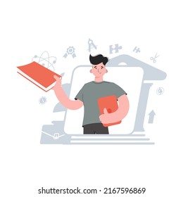 El tipo tiene la cintura profunda con un libro y una tableta. Escuela en línea. Elemento para presentaciones, sitios. Ilustración del vector