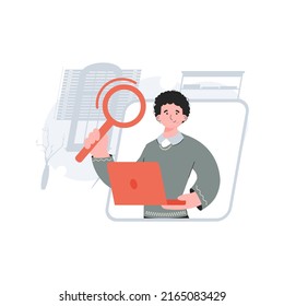 The guy is waist-deep holding a computer and a magnifying glass. Search. Element for presentations, sites. Vector illustration