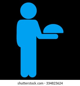 Guy Waiter vector icon. Style is flat symbol, blue color, rounded angles, black background.