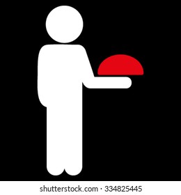Guy Waiter vector icon. Style is bicolor flat symbol, red and white colors, rounded angles, black background.