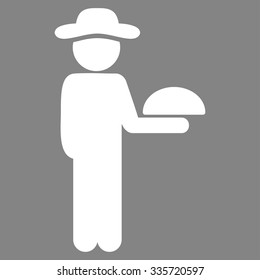 Guy Waiter vector icon. Style is flat symbol, white color, rounded angles, gray background.