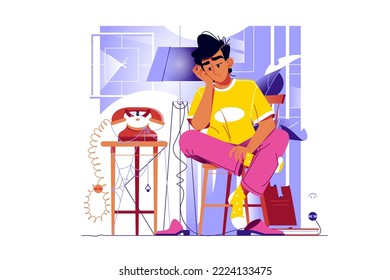 Guy waiting for phone call vector illustration. Upset and boring man sitting and looking at phone flat style concept