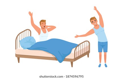 Guy Waking up and Doing Morning Workout Set, Young Man Activity and Daily Routine Cartoon Vector Illustration