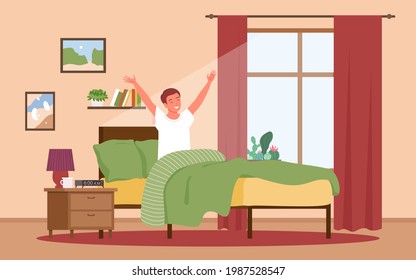 Guy waking up in sunrise early morning after night rest, happy boy awaking in sun