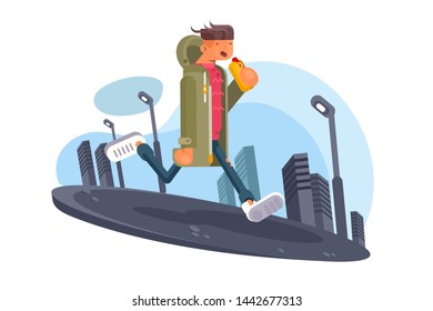 Guy walking around city vector illustration. Young man in casual clothes eating hot dog and going down urban street flat style concept. Cityscape on background