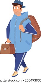 Guy walking with backpack and briefcase. Work trip baggage