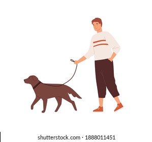 Guy walking with cute dog on leash vector flat illustration. Happy domestic animal and owner spending time together isolated on white. Male character and adorable pet enjoy everyday outdoor activity