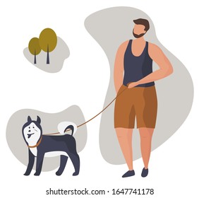 Guy walking with dog. Boy Spending Time with his Pet in Park. Playing with dog. Owner and the pet. Flat style vector illustration.