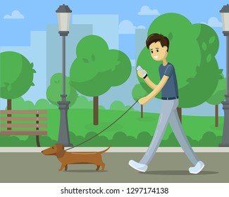 Guy walking with a dog and mobile phone in a park. Character design. Flat design vector illustrations.
