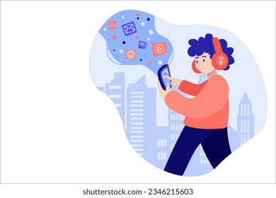 guy walking down the street on his head headphones with a cell phone in his hand, on the background of a big city. bubble with pop-up icons. line. vector
