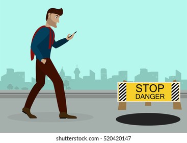 Guy walking down the street with a phone in his hand, browsing social networks, on the road in front of an open manhole and a sign warning of the danger.Vector Illustration