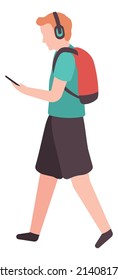 Guy walking in headphones. Man in backpack listening phone
