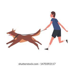 Guy Walking with His Dog, Young Man Running with His Pet Animal Vector Illustration
