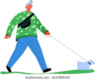 Guy walking his small dog on a leash, flat stylized illustration