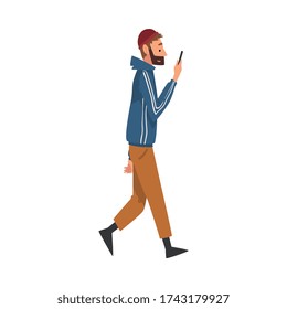 Guy Walking Outside, Young Man Looking at His Smartphone, Person Using Digital Gadget for Online Communication Vector Illustration