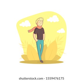 Guy Walking in the Park, Person Enjoying Beautiful Nature Vector Illustration