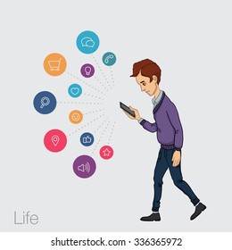 The guy walking with phone in hand. Mobile app for smartphone. Cloud services and technologies in mobile devices. Vector illustration of trends technologies for presentations, articles, slide shows.