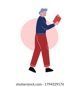 Guy Walking and Reading a Book, Male College or University Student, Young Man Spending Spare Time by Reading Literature Vector Illustration