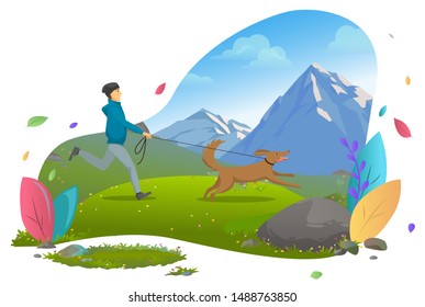 Guy walking or running with dogin mountains. Owner jogging with pet on leash, casual autumn outfit, man and domestic animal, wild nature an mountain tourism. Vector illustration in flat cartoon style