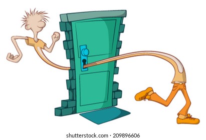 Guy Walking Through Door Keyhole Cartoon, Vector, Horizontal,  Isolated 