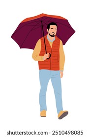 Tipo que camina con el paraguas en Clima lluvioso. Hombre joven que sostiene la sombrilla en la lluvia caliente y fría, ducha. Carácter masculino guapo en la calle en aguacero. Ilustración vectorial plana sobre fondo blanco