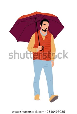 Guy walking with umbrella in rainy weather. Young man holding parasol in warm and cold rain, shower. Handsome male Character on street in downpour. Flat vector illustration on white  background
