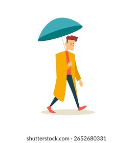 Cara andando com conjunto de vetor guarda-chuva