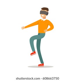 Guy Walking In Virtual Reality Glasses,Part Of Happy Gamers Enjoying Playing Video Game, People Indoors Having Fun With Computer Gaming