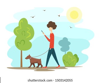 Guy walks with dog in Park and looks in mobile phone, using social network. Concept of young man with mobile gadget. Vector illustration can be used for website template, social networking and banners