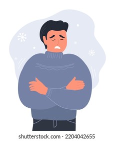 A Guy In Warm Clothes Can't Keep Warm In Winter. A Young Man Shivers From The Cold, Hugs Himself With His Hands. Vector Graphics.