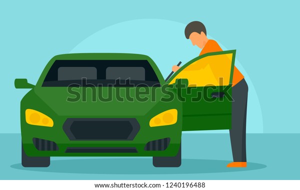 Guy
wash car interior concept background. Flat illustration of guy wash
car interior vector concept background for web
design