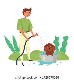 The guy washes the dog in a basin from a hose with water. Happy Pet Owners vector illustration