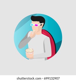 A guy watching a movie in a movie theater, wearing special glasses and eating popcorn