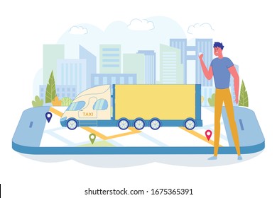 Guy Watching on Smartphone Geolocation Cargo. Man Holds Electronic Device in Hand and Watches how Cargo Taxi Carries his Things and Furniture around City. Car is on Large Smartphone.