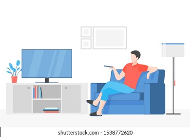 Guy watching television flat vector illustration. Young man sitting on comfortable couch holding remote cartoon character. Indoor rest, media recreation, modern leisure activity. Apartment interior.