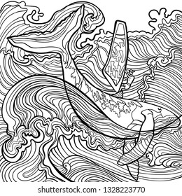 The guy and water. Whale and marine design elements could be used for coloring book. Black and white in zentangle style.