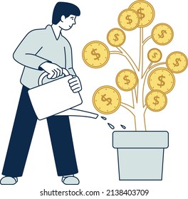 Guy watering money tree. Growing wealth process