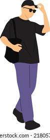 Guy Wear Black Shirt, Black Cap And Shade Handed Totebag Flat Illustration