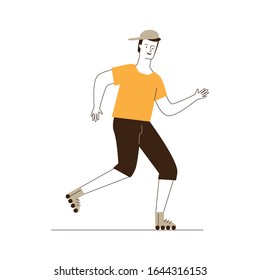 Guy wearing cap roller skating. Young man moving on rollers flat vector illustration. Summer outdoor activity, lifestyle, recreation concept for banner, website design or landing web page