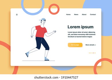 Guy wearing cap roller skating. Young man moving on rollers flat vector illustration. Summer outdoor activity, lifestyle, recreation concept for banner, website design or landing web page