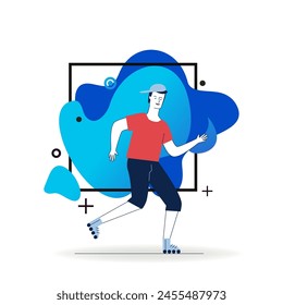 Guy wearing cap roller skating. Young man moving on rollers flat vector illustration. Summer outdoor activity, lifestyle, recreation concept for banner, website design or landing web page