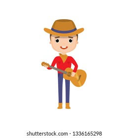 Guy wearing cowboy clothes playing guitar isolated on white background