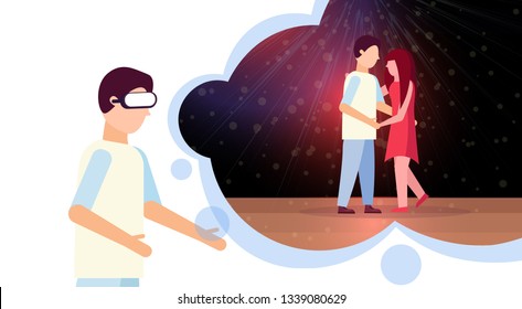 guy wearing digital glasses virtual reality couple man woman lovers dancing together in night dance studio interior headset vision concept horizontal flat