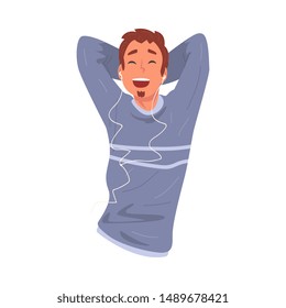 Guy Wearing Earphones Listening to Music, Happy Boy Using Smartphone or Audio Player Vector Illustration