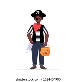 guy wearing pirate costume holding bucket with pumpkin happy halloween party celebration coronavirus quarantine concept full length isolated vector illustration