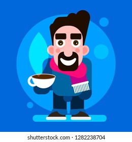Guy Wearing A Scarf And A Mug Of Hot Chocolate, Isolated On Blue Background