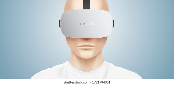 Guy wearing a silver VR headset. Young caucasian man, dressed in a white t-shirt, heaving virtual reality experience with VR goggles. Modern tech vector illustration.